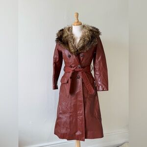 Women's Real Fur Collar Leather Trench Coat Vintage Beauty!